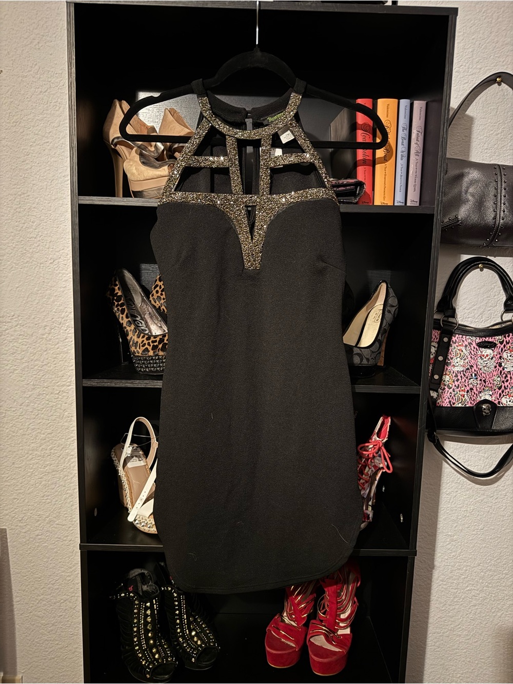 Black Halter Mini Dress with Glittering Gold Trim